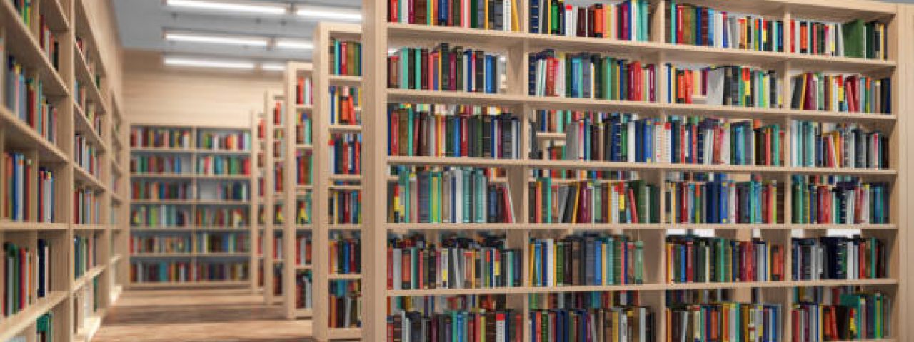 Library. Bookshelves with books and textbooks. Learning and education concept. 3d illustration